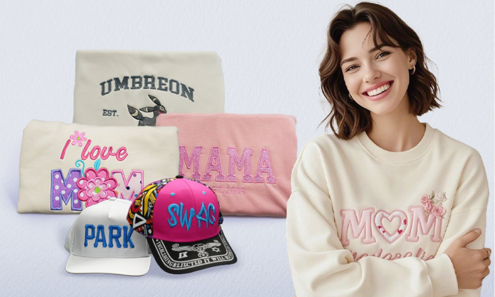 Lächelnde Frau in cremefarbenem Pullover mit MOM-Stickerei neben bestickten Shirts, Caps und Taschen mit Mama-Motiven